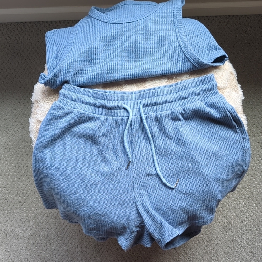 Casual Blue Ribbed Tank and Shorts Set